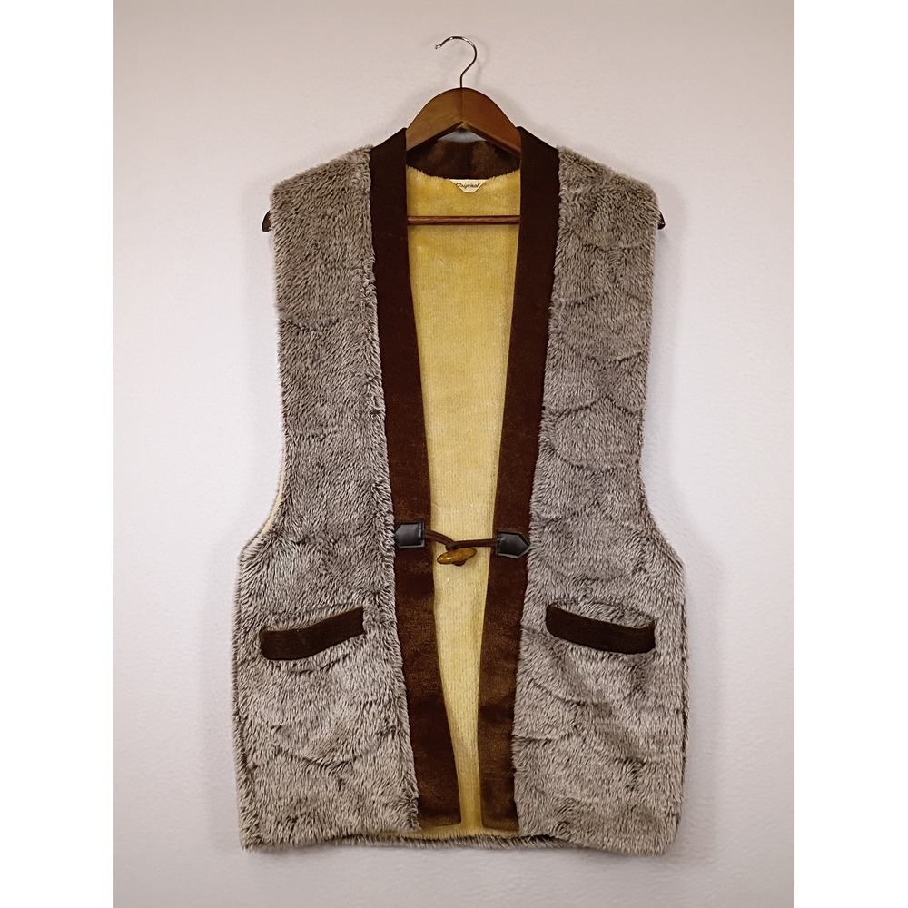 Vintage Boho Original Womens M Brown Scalloped Faux Fur Velvet Trim Toggle Vest